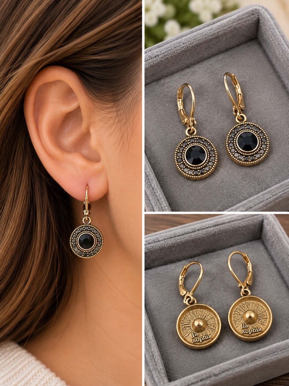 ✨ Lia Sophia Gold-Tone Black Crystal Drop Earrings